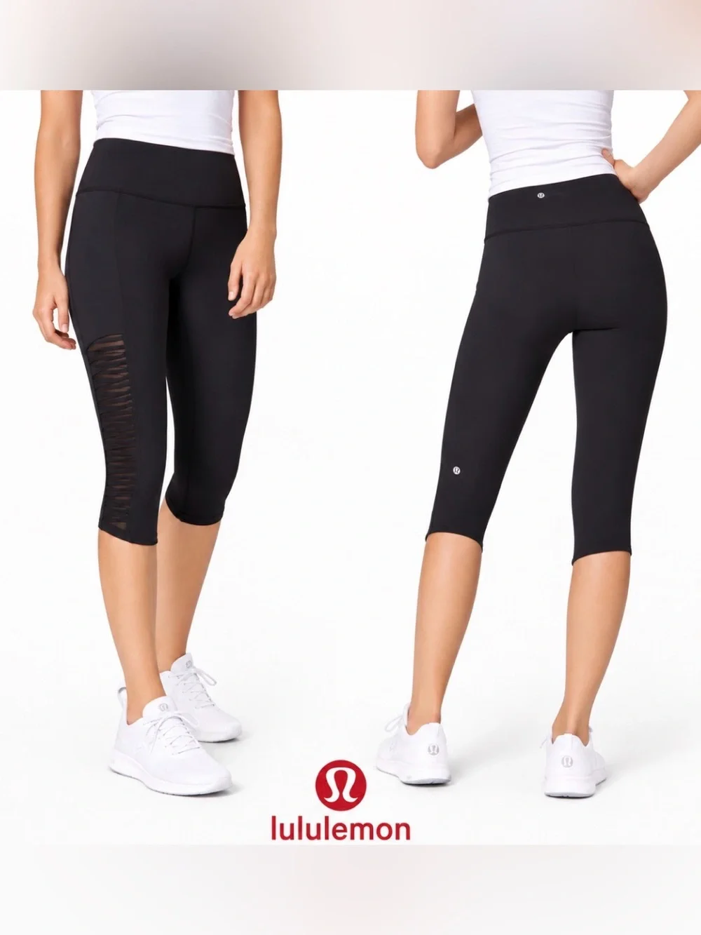 Lululemon Crop Leggings Sharp Turns SZ 4 Black Mesh Sides 17” RARE Gym Athletic